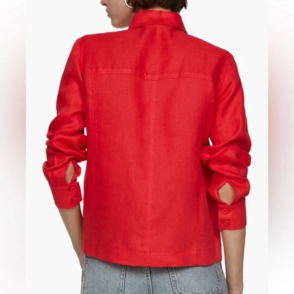 Mango Linen Button Up Shirt Coral Red 8 - Picture 2 of 5